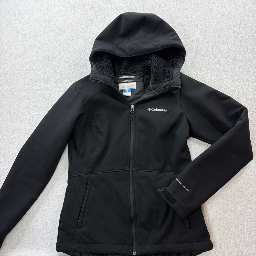 Columbia Jacket Womens Black Omni-Wind Sherpa Lined Hooded Full Zip Small LS